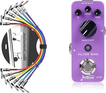 AITONE Wah Pedal AT-08 and Patch Cables 6 Pack 1/4" inch TS Right Angle Guitar Patch Colored Cable A-C05