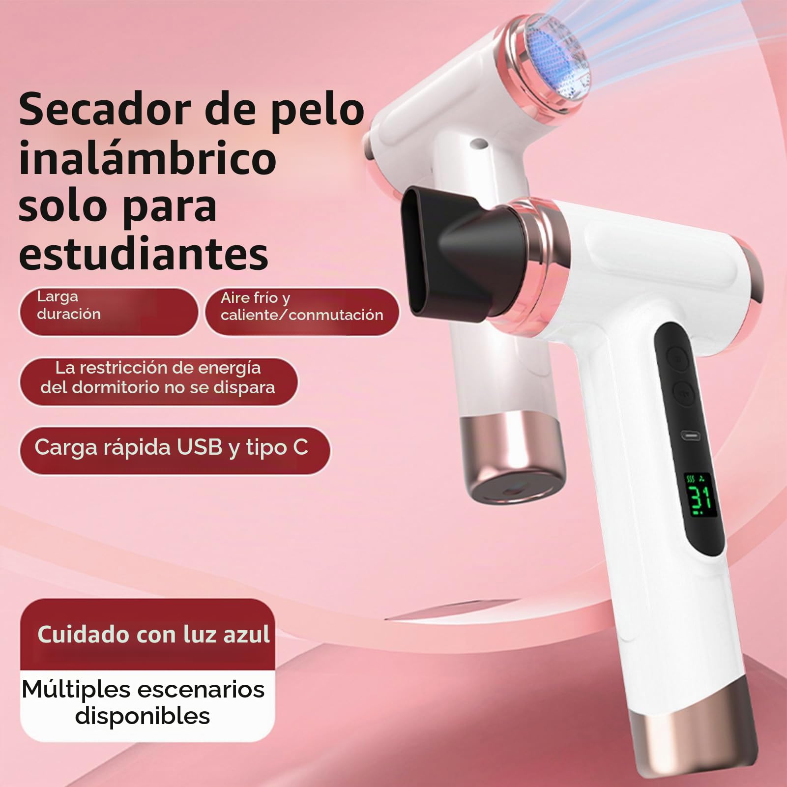 Secador de Pelo Inalámbrico, Secador de Pelo Portátil de Viaje, Flujo de Aire de Iones Rápido de 200 W, Diseño de Viento Frío y Caliente, Secador de Pelo (Enchufe europeo 1800W)