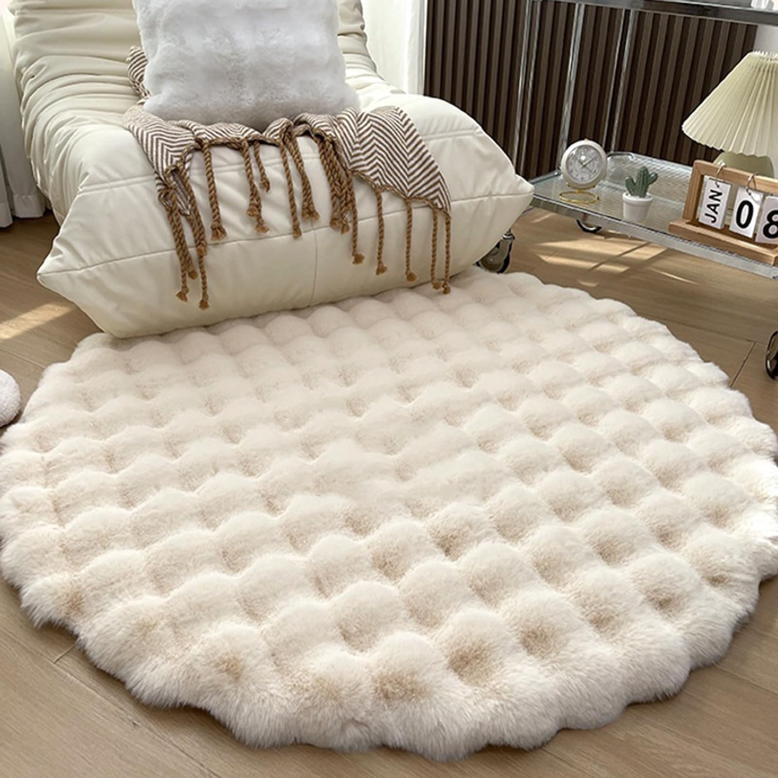 ZYFAB Faux Pelz Runde Bereich Teppich für Schlafzimmer, Weich Plüsch Runde Bodenmatte fluffig Teppich für Wohnzimmer Bubble Samt Kreis Teppiche Rutschschutz Teppich,Beige,90cm