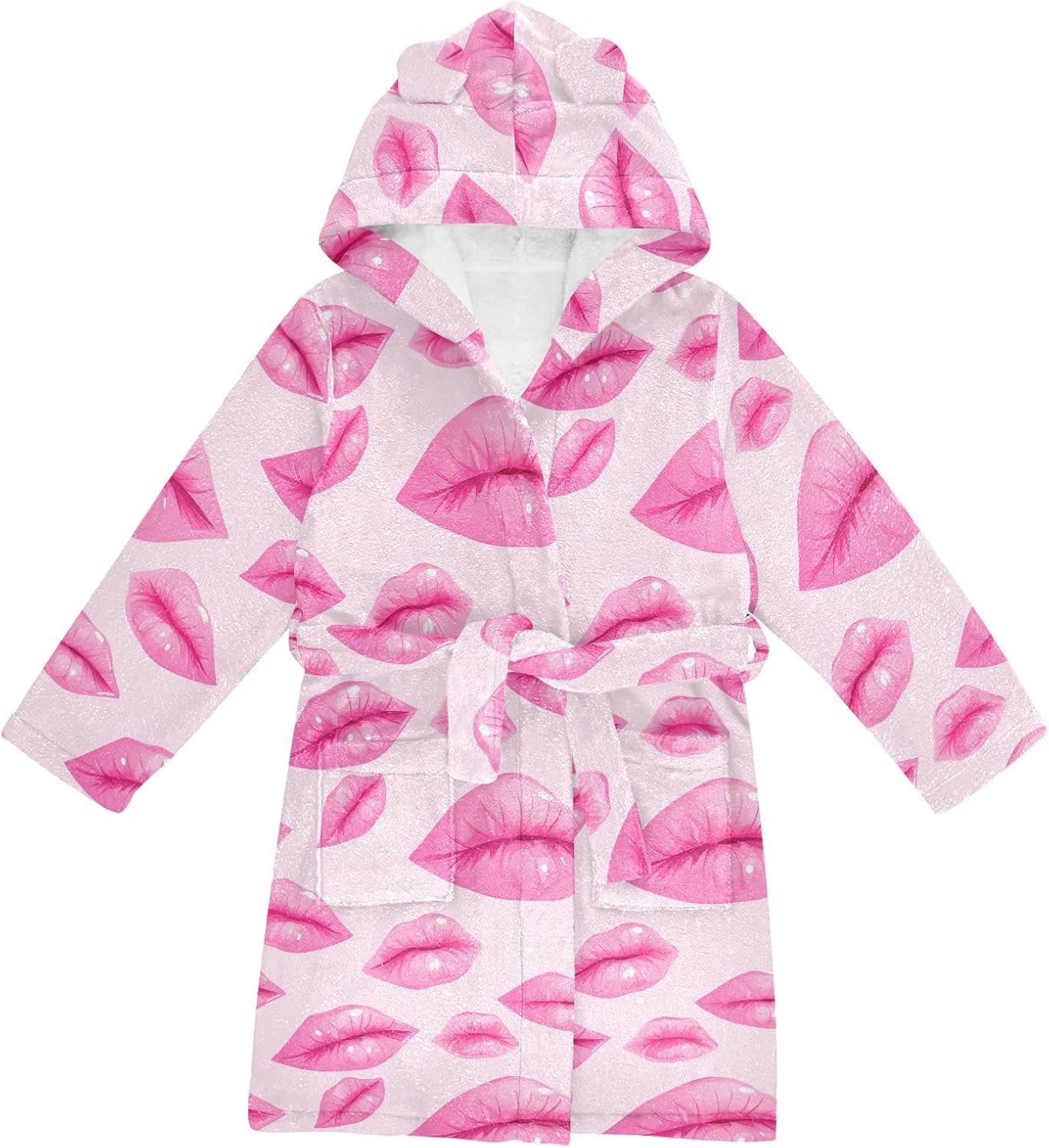 Pink Lips Toddler Hooded Bathrobe for Boys Girls Soft Plush Bath Towel Robe 2-12 Years