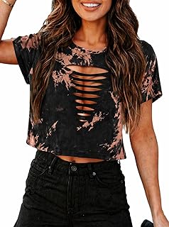 Women’s Distressed Crop Top Short Sleeve Cut Out Punk Rock Ripped Cropped T Shirts