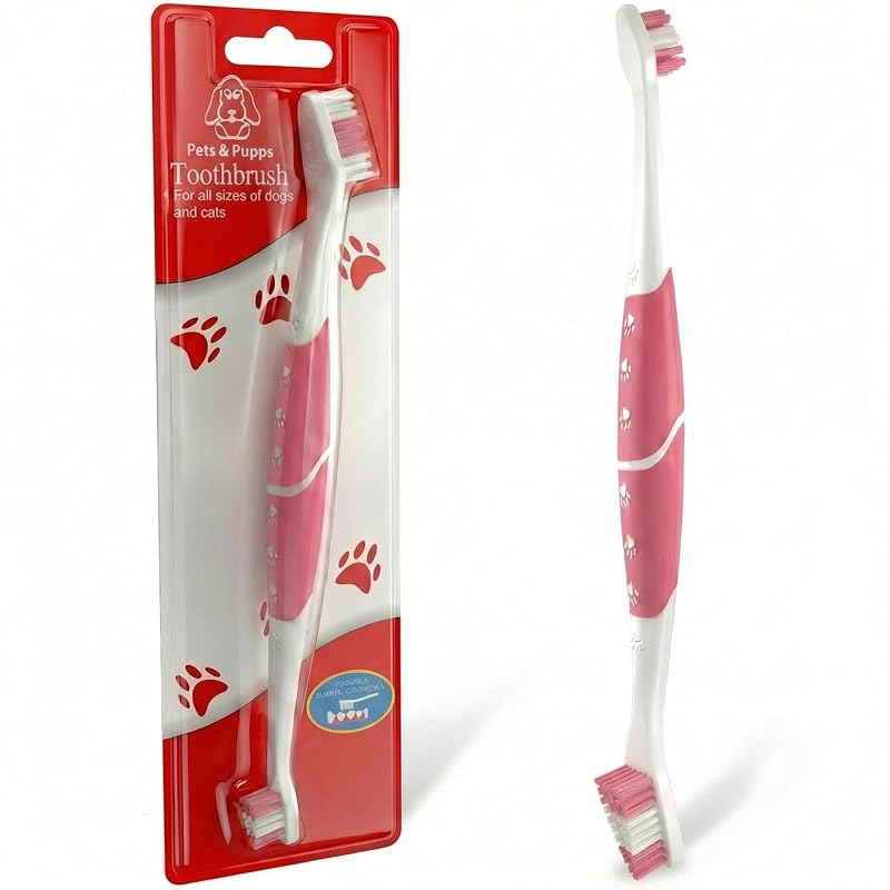 Escova de Dentes para Cães e Gatos com Cabeça Dupla e Cerdas Macias Pets & Pupps, Pacote com 1, Pink