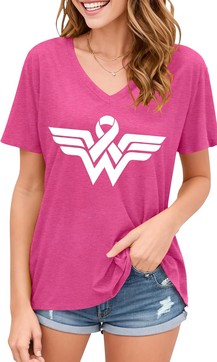 Breast Cancer Shirt for Women: Pink Ribbon T-Shirt Breast Cancer Awareness Short Sleeve V-Neck Tee Top - Image 2