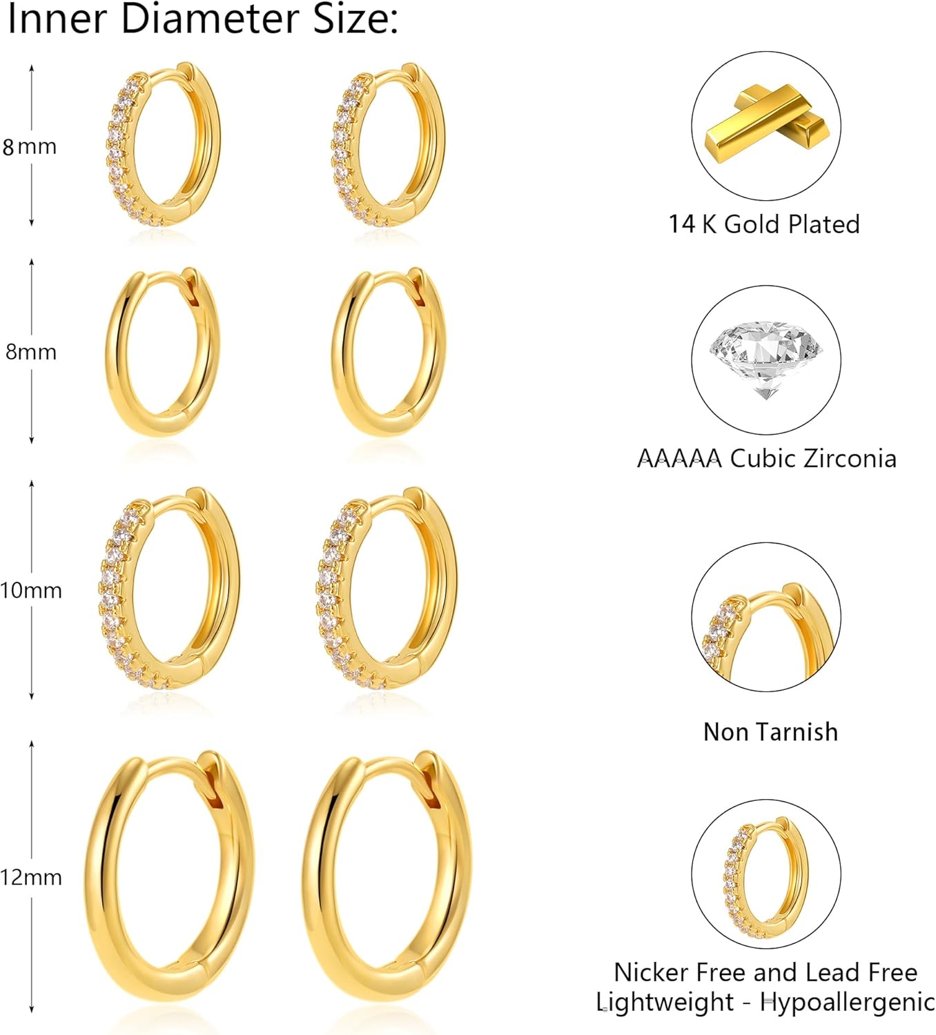 Small Gold/Silver Hoop Earrings for Women Trendy - Hypoallergenic 14k Real Gold Plated Hoops Cubic Zirconia Cartilage Huggie Earrings Set Helix Piercing Earring Gold Jewelry for Women Gift - Image 3