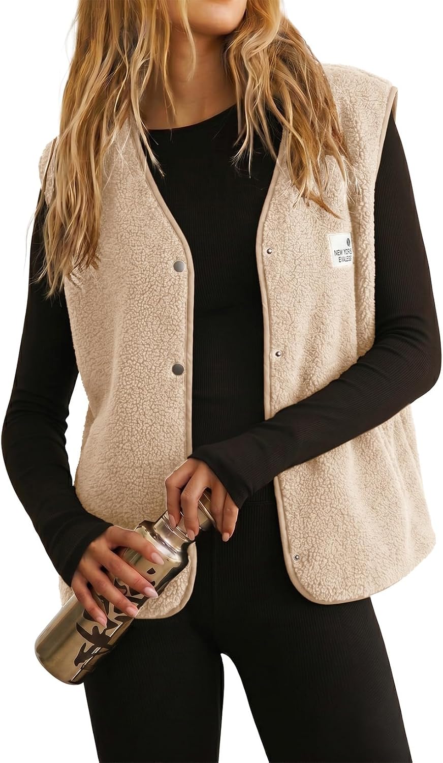 EVALESS Women's Sherpa Fleece Vest Snap Button Outerwear Top with Pockets | Hiking Sherpa Vest for Women, Fleece Sleeveless V Neck Jacket, Vacation Travel Outerwear, Warm Dressy Coats, 2026 Trendy Top