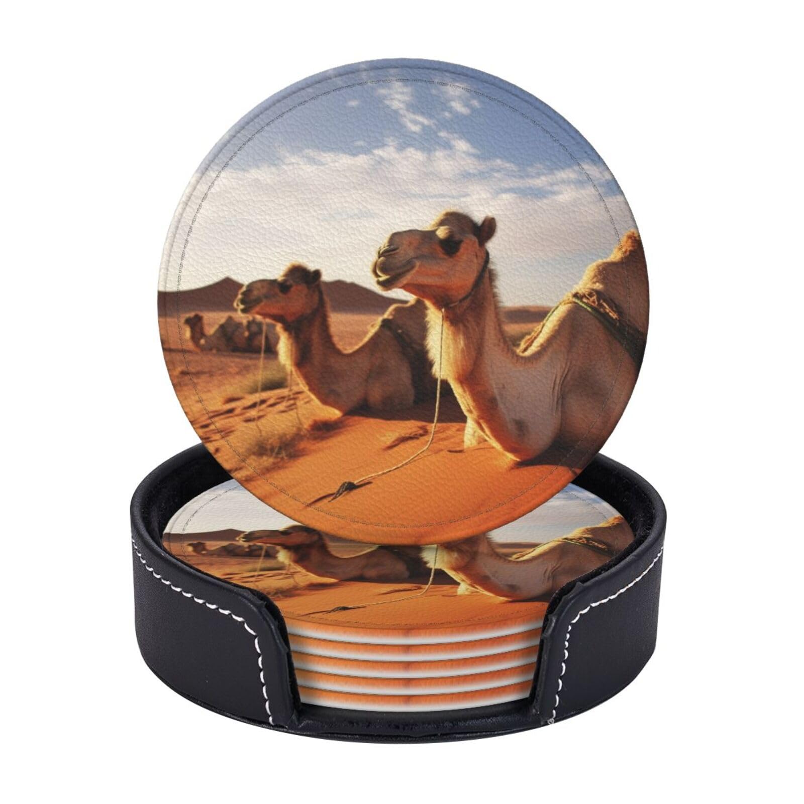 Round Coasters for Drinks Set of 6 - PU Leather Coasters with Holder - Modern Drink Coasters for Coffee Table - Camels Rest Desert Coaster for Tabletop Protection 4" Cup Mat Pad