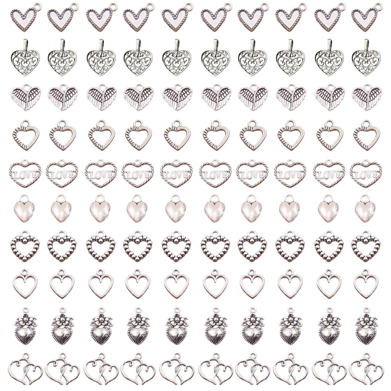 Gaodercha 100Pcs Tibetan Style Heart Charms 10 Styles Antique Silver Hollow Heart Pendants Hearts Theme Metal Dangle Charms for DIY Valentine Necklace Earring Jewelry Making