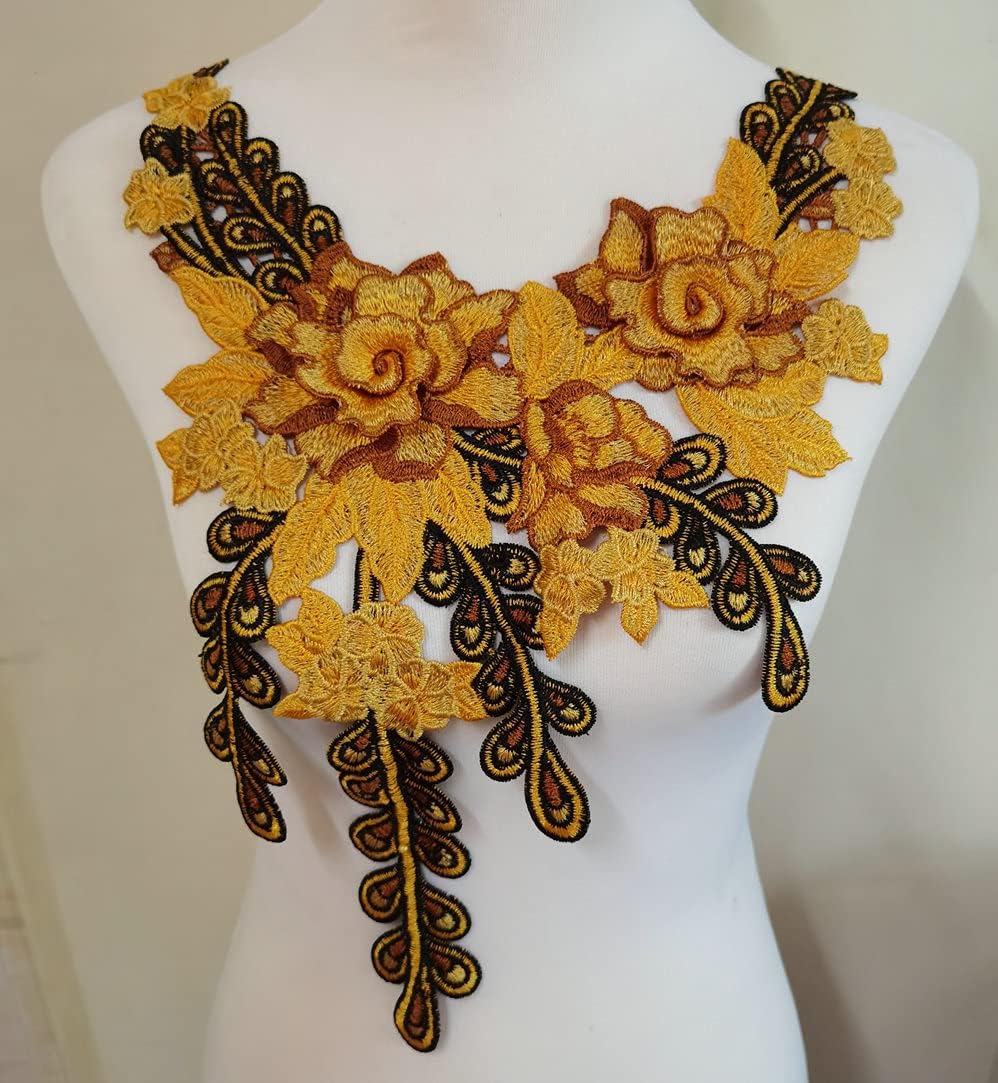 Yellow Embroidered Lace Neckline Collar Warm Tones Floral Brown Leaf Applique Patches Scrapbooking Embossed Sewing : Arts, Crafts & Sewing