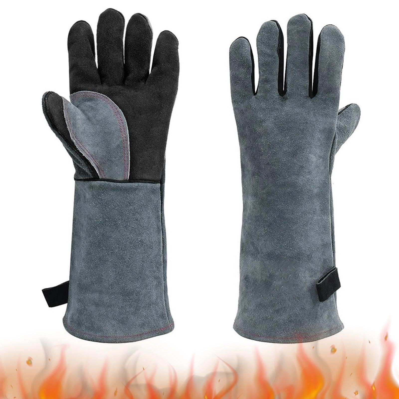 Guantes Soldador de Cuero Guantes de Soldadura Ignifugos guantes para Horno, Parrilla, Barbacoa, Jardineria, Trabajo, Forge, chimenea, manipulación de animales guante (Gris-Negro,40cm/16)