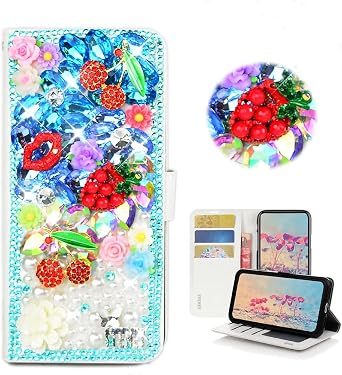 Bling Wallet Phone Case Compatible with OnePlus Nord CE 5G Case - Stylish - 3D Handmade Cherry Pineapple Floral Lips Magnetic Wallet Stand Leather Cover Case - Blue
