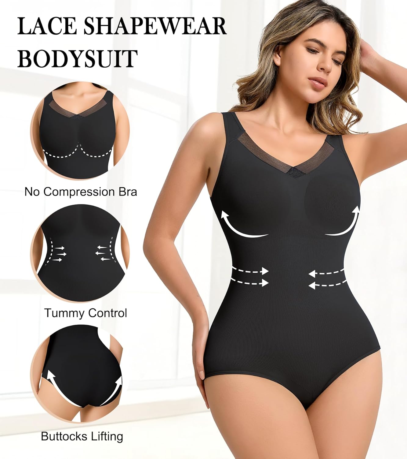 Shapewear Bodysuits for Women, Tummy Control Body Suits Wide Straps Body Shaper V Neck - Image 4