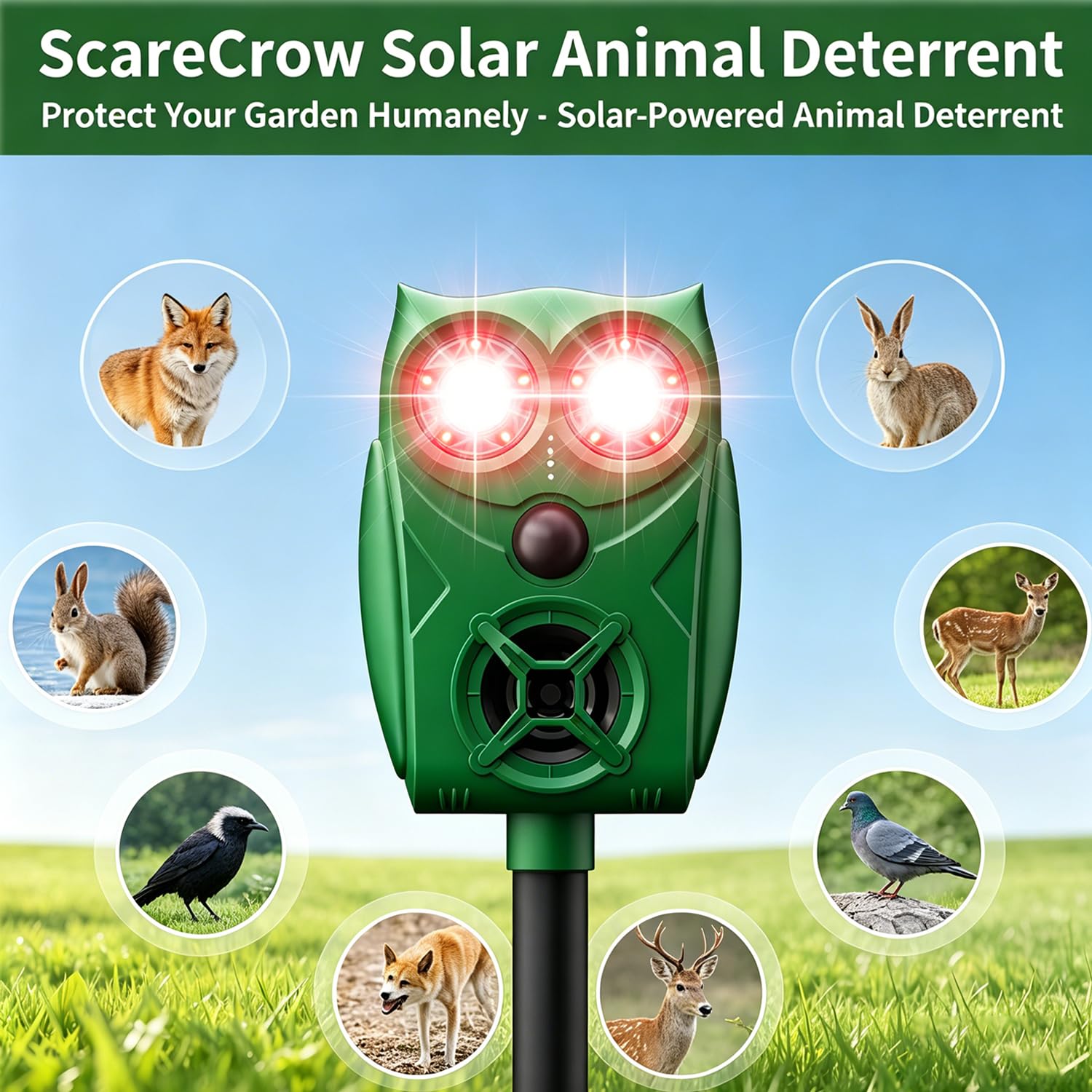 Repellente per gatti per giardini UK, sensore PIR LED flash con 5 modalità, ricarica solare e USB, spaventapasseri per animali a ultrasuoni, impermeabile IP65, deterrente per esterni, per gatti, volpi