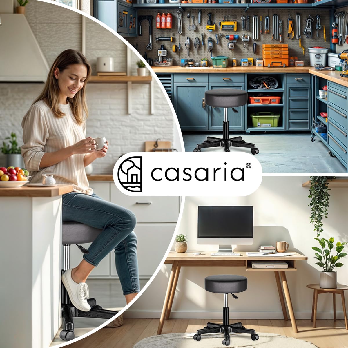 Casaria® Rollhocker Höhenverstellbar Schwarz 10cm Polsterung 46-60cm Sitzhöhe 360° Drehbar Ø35cm Rund Rollen Bürohocker Drehhocker Arbeitshocker Hocker