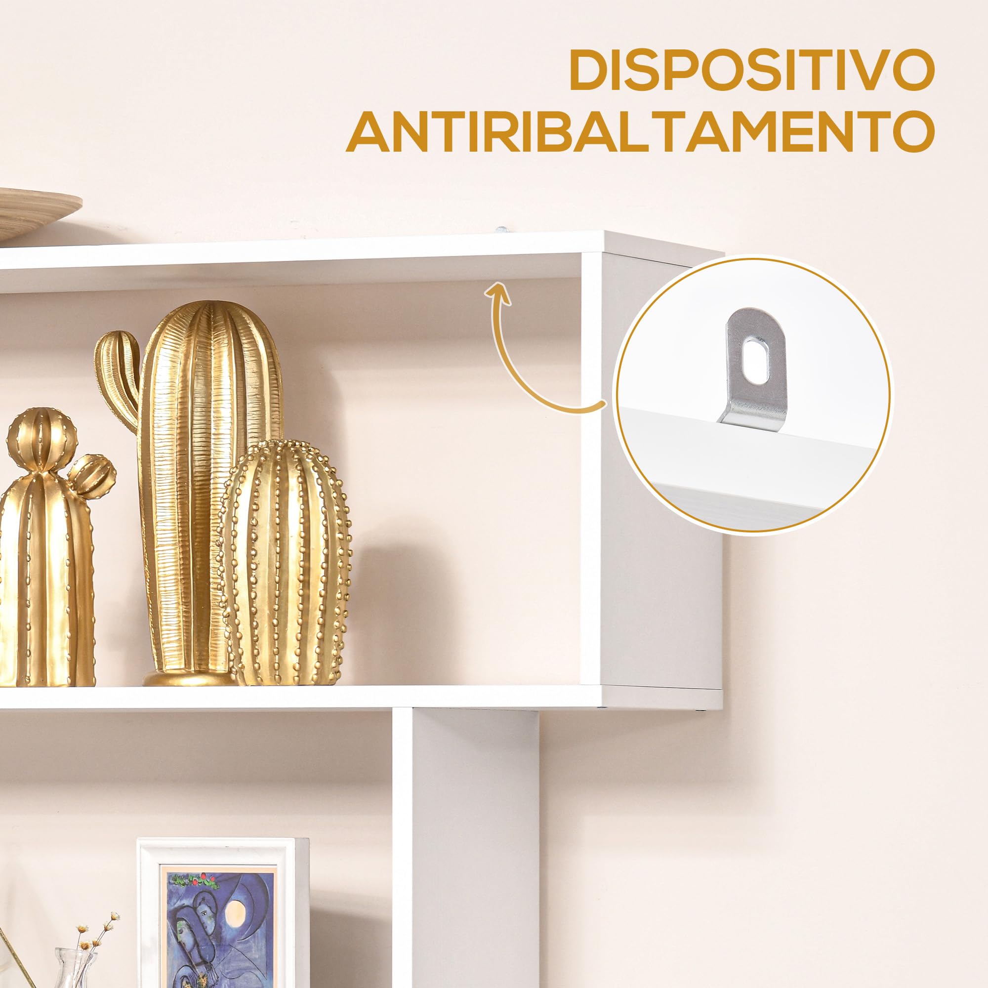 HOMCOM Libreria di Design, Libreria a Parete Bianca, 6 Ripiani Scomposti, Struttura a Zig-Zag, Moderna, Resistente, in Legno, per Salotto e Ufficio, 80x24x191cm, Bianco
