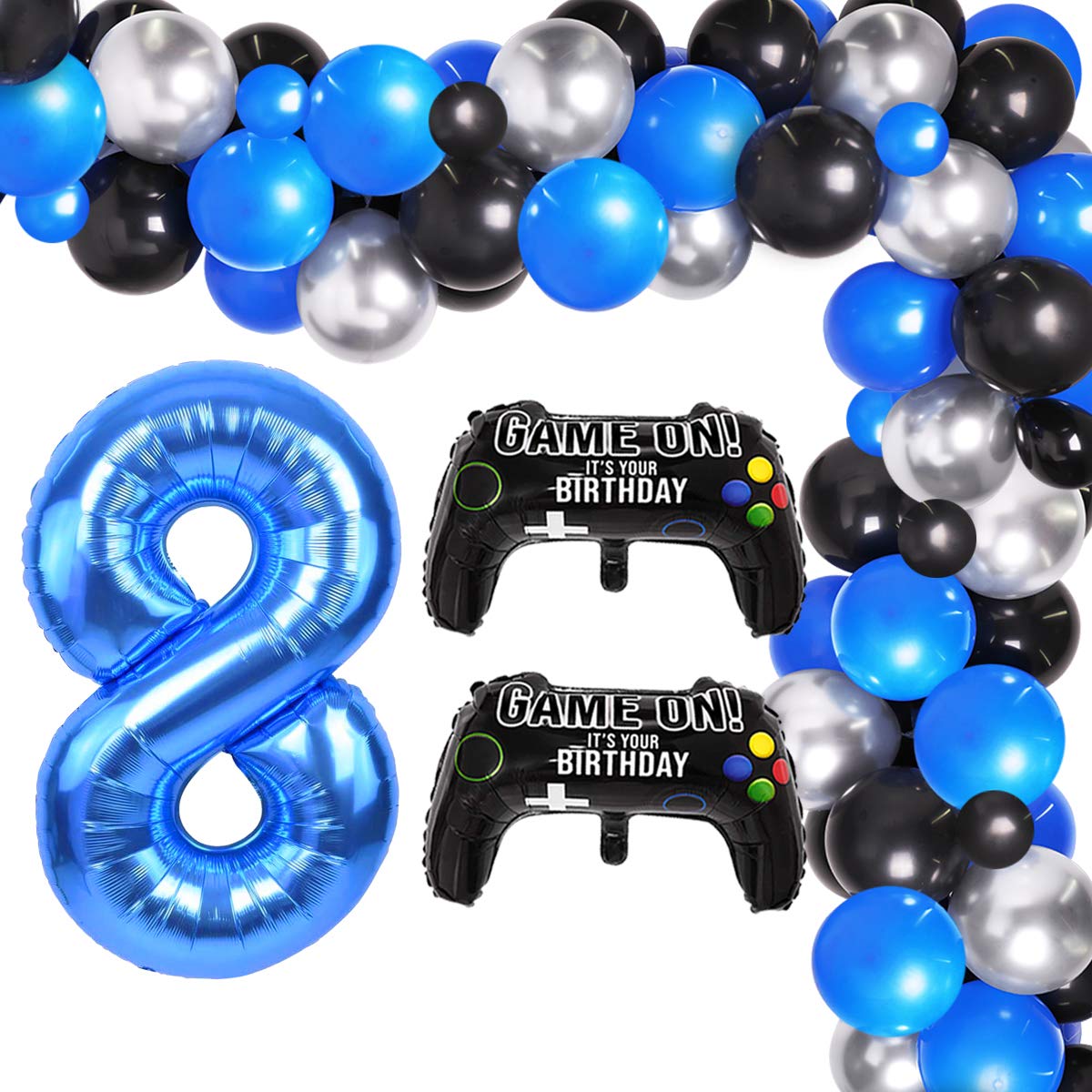 Video Game 8th Birthday Decorations for Boys Blue for Gaming Birthday Party Supplies Balloon Garland Arch Kit with Number Balloons Game Controller Foil Balloons