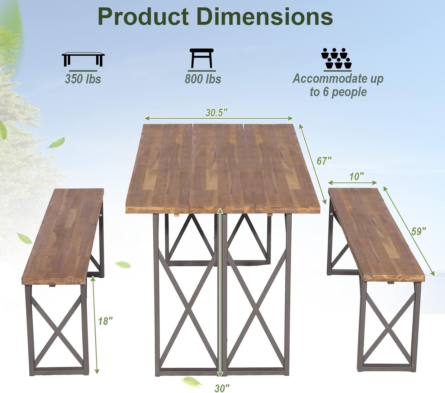 Tangkula 3 Piece Picnic Table Bench Set, Outdoor Acacia Wood Picnic Table with 2 Benches, 2-Inch Umbrella Hole, Heavy-Duty Metal Frame, Space-Saving Outside Table and Bench Set for Backyard, Patio