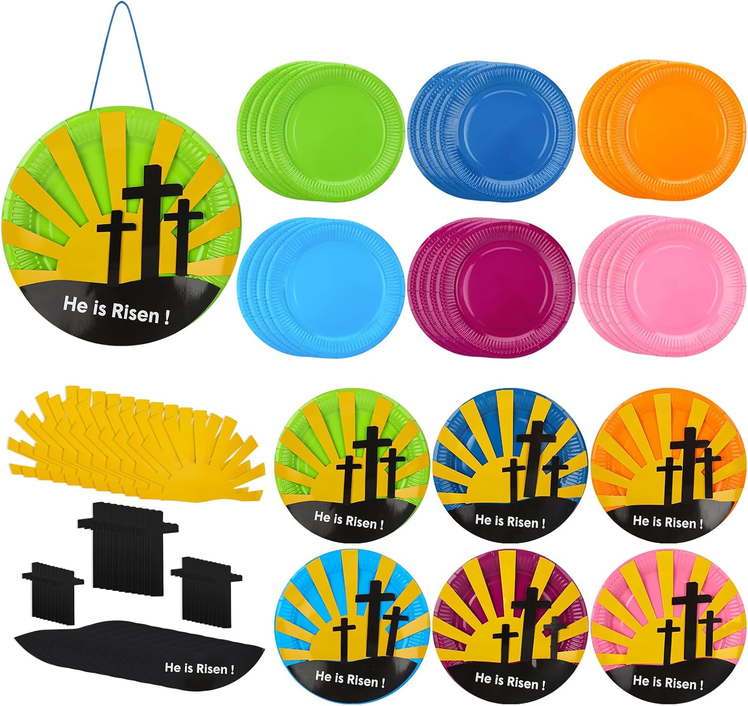 Lunmon 24 Sets Easter Crafts for Kids Bulk Resurrection Paper Plates Crafts Kit with He is Risen Colorful Paper DIY Easter Plates for Family Sunday School Classroom Activity