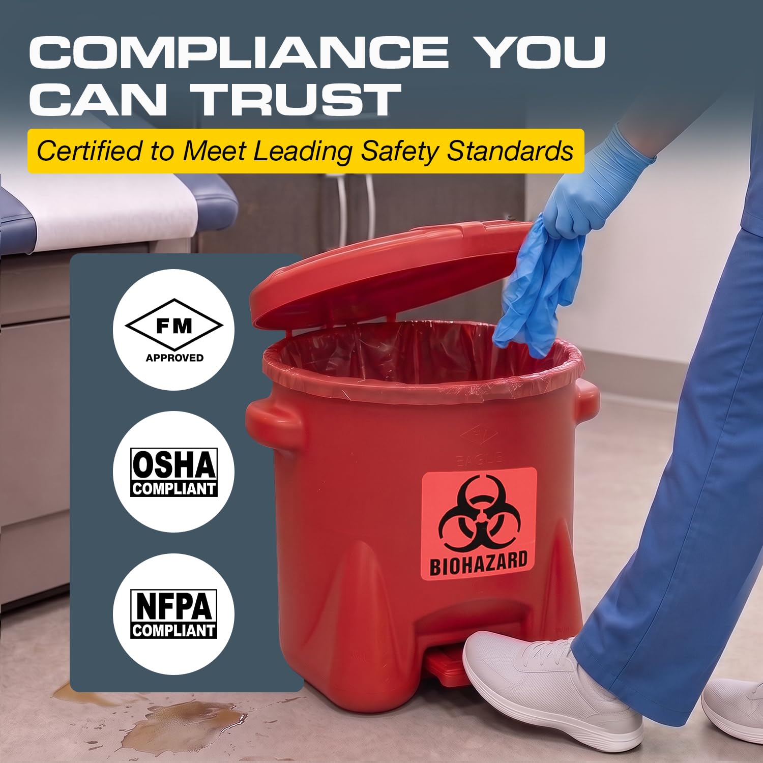 Eagle Biohazard Trash Can, Self-Closing Lid, 10 Gallon, Made in USA, Red image 4
