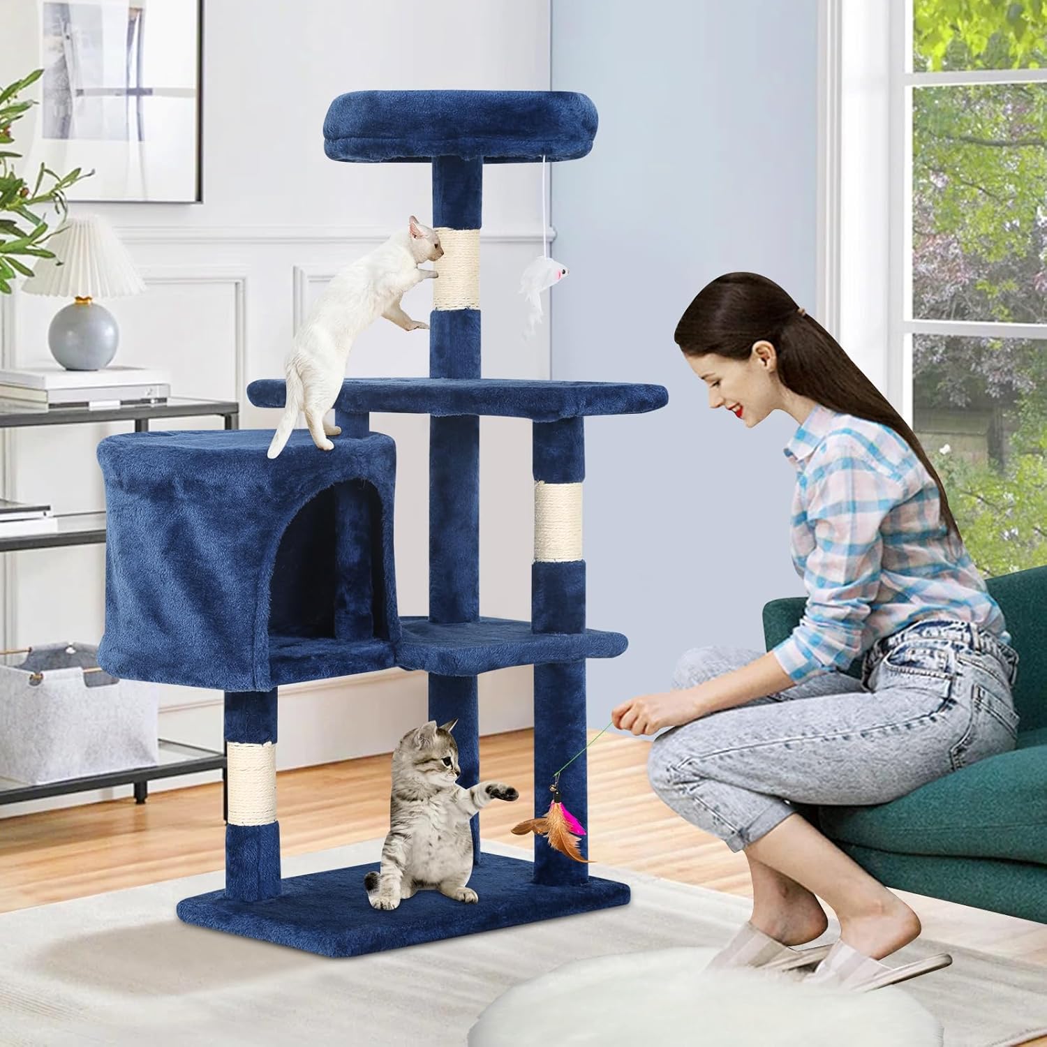 Cat Tree 36 Inch Cat Tower for Indoor Cats with Scratching Post,Padded Perch,Hanging Toys for Kittens & Adult Cats,Beige (Navy Blue)