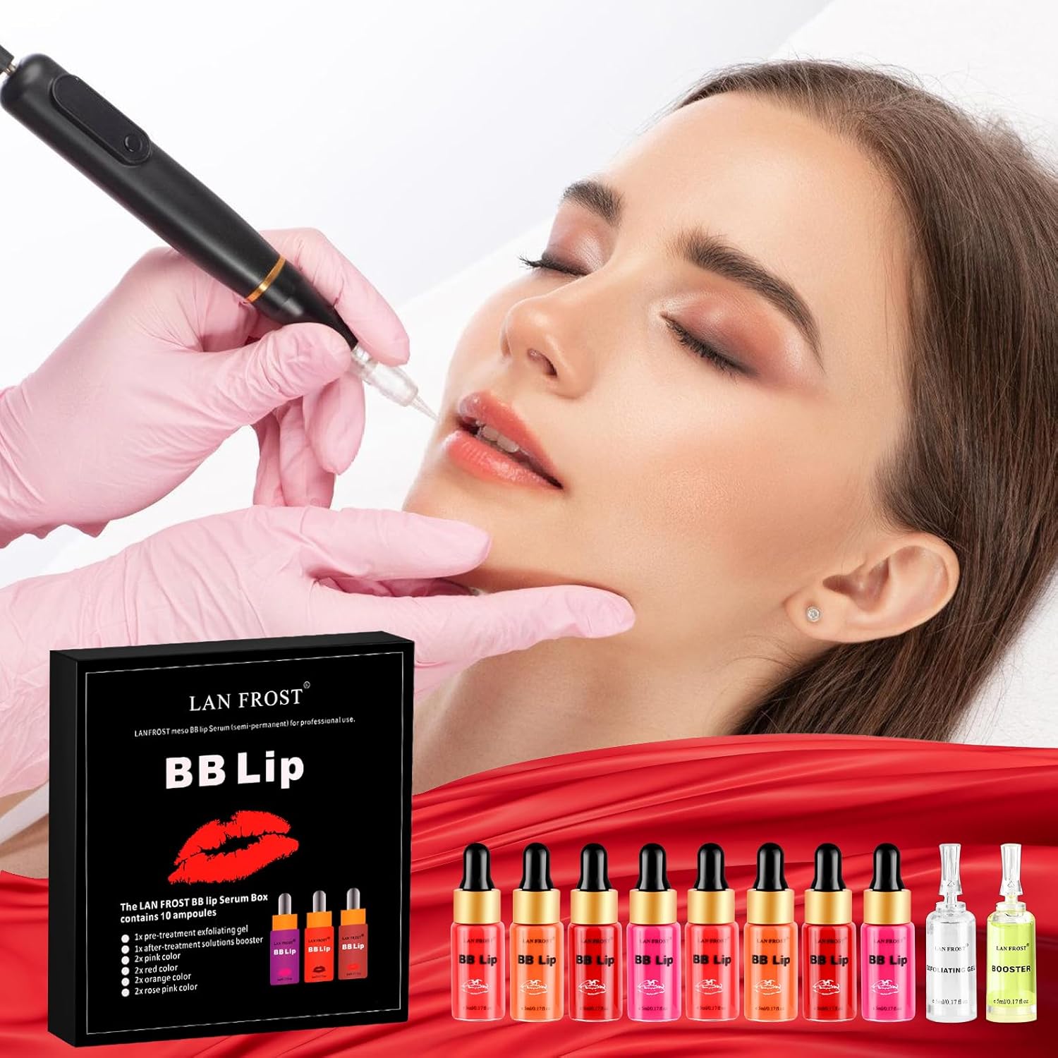 BB Lips Serum Starter Kit, Semi-permanent Makeup Treatment, Lip Gloss BB Lip Serum, Including 4 Colors of Liquid Lip Pigments, Exfoliating Gel and Intensifier