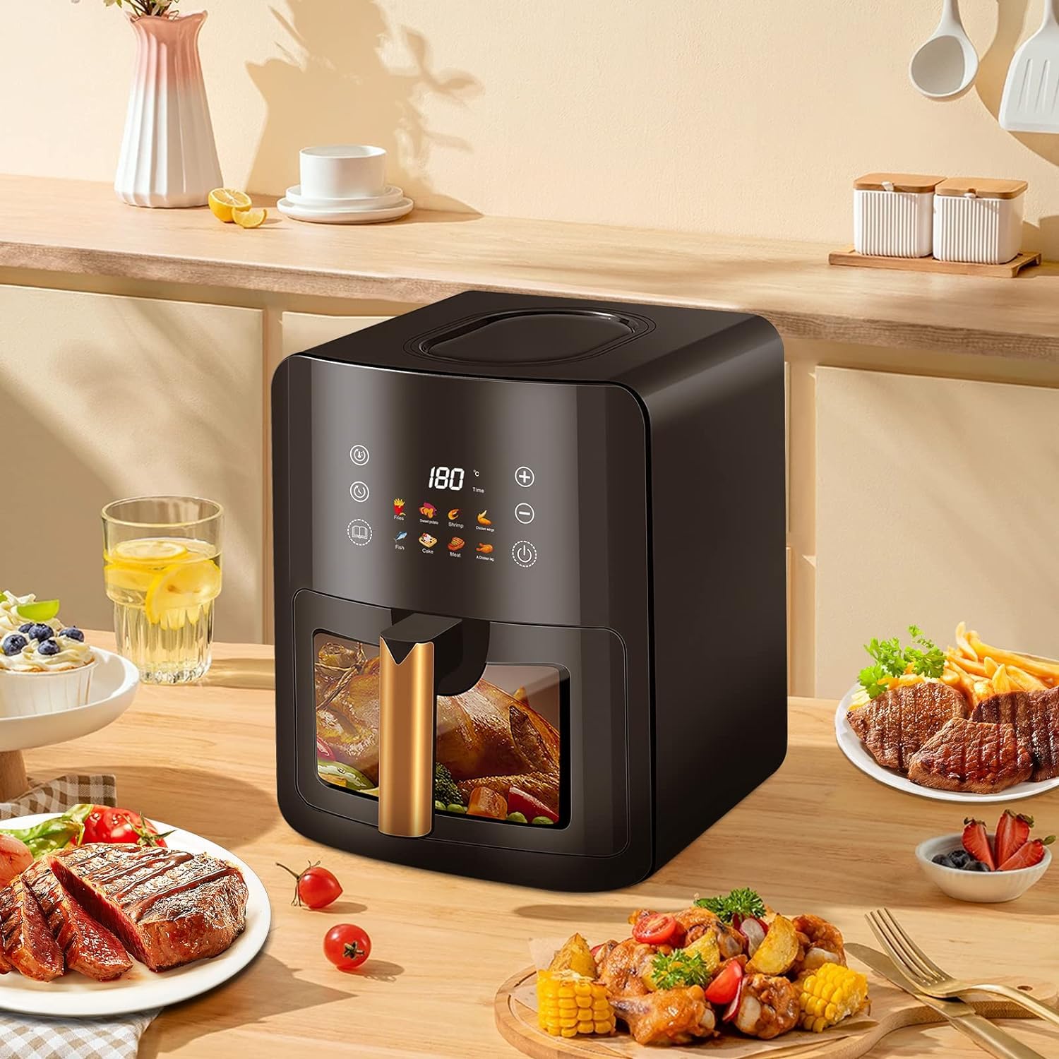 MasterChef Heteluchtfriteuse, 4,5 liter, 1400 W, heteluchtfriteuse zonder vet voor 2-4 personen, heteluchtfriteuse met digitaal touchscreen en 7 programma's, voorverwarmen en warm houden, 80-200 °C