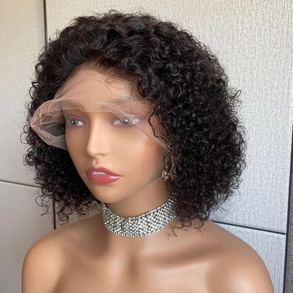 Pre Plucked Short Bob Curly HD Transparent 13X4 Lace Front Wigs with Bleached Knots 150% Density Pixie Cut Deep Wave Bob Glueless Wigs Baby Hair For Woman Short Kinky Curly Natural Black 10"