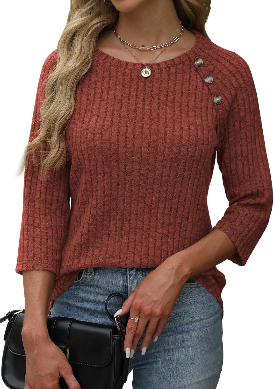 Womens Sweaters Fall Fashion 3/4 Length Sleeve Tops Crew Neck Button Shirts Casual Pullover Cute Winter Clothes - Image 4