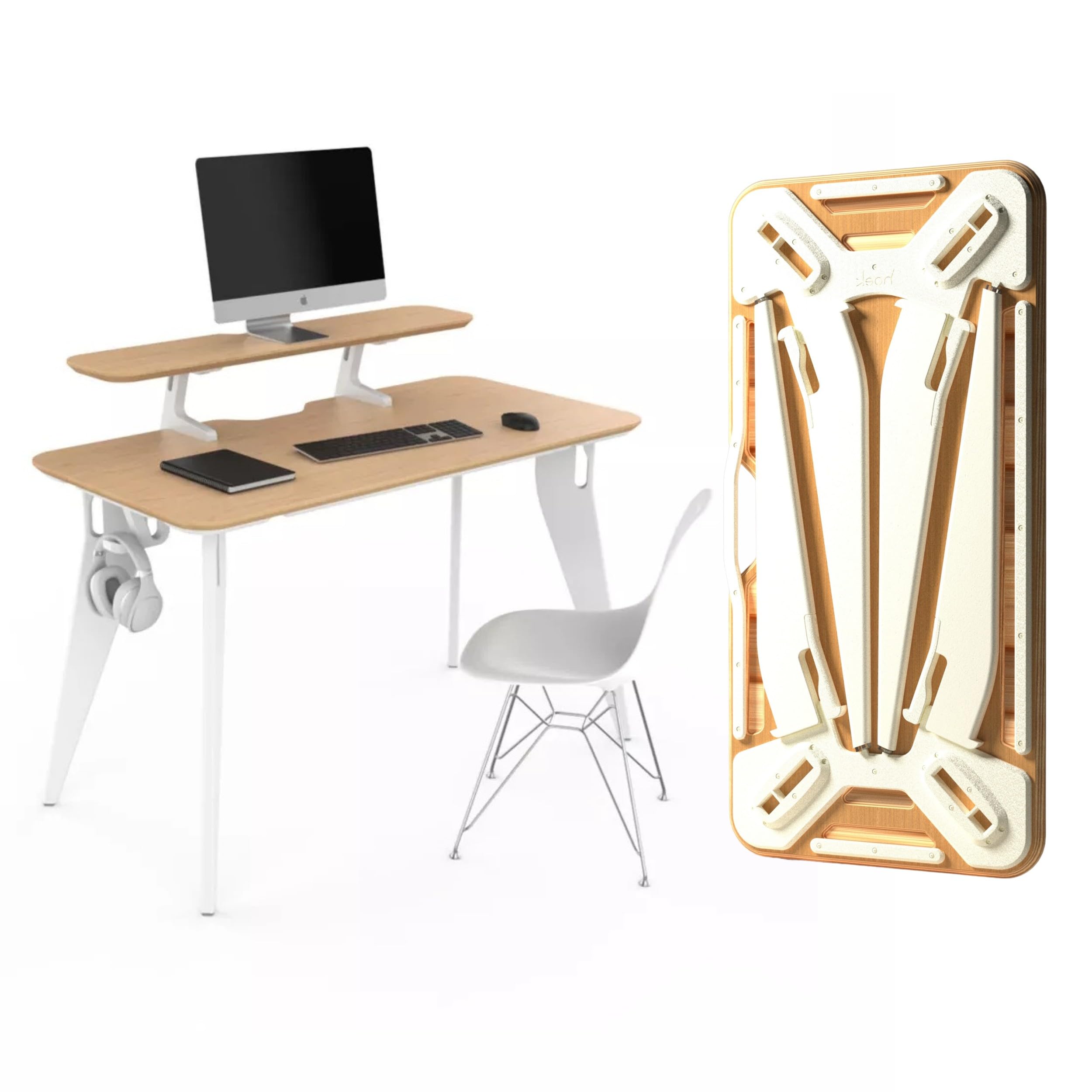 HOEK Modern Collapsible Work from Home Desk Bundle, Durable Laminate Surface, Portable Folding Computer Desk with 47.5" x 23", Easy Tool-Free Assembly, Compact Study and Office Table (Birch/White)
