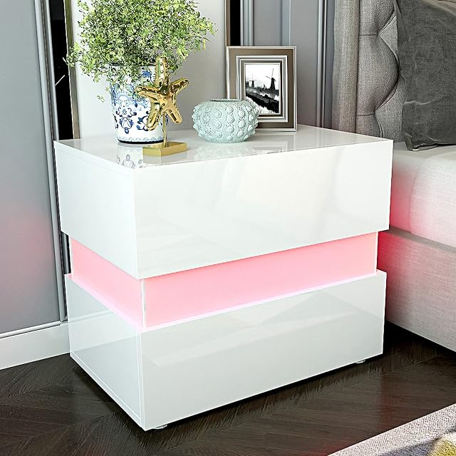Artist Hand White Bedside Tables Modern White Bedside Cabinets for Bedroom, with 2 Drawers Storage, 16 Colour LED High Gloss Sofa Side Tables Living Room Home