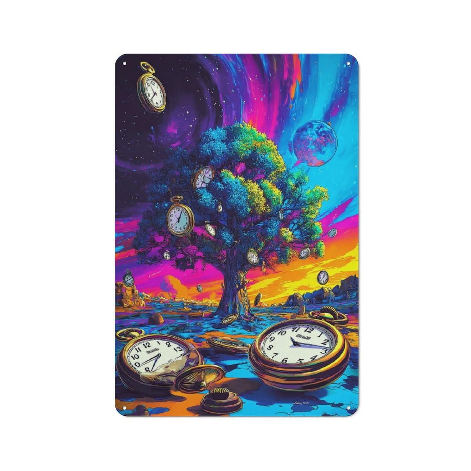 Junmoney Time Tree In A Dreamlike Landscape Printed Metal Sign 30X20cm For Home Office Or Studio, For Winter Room Styling In Home Office And Studio