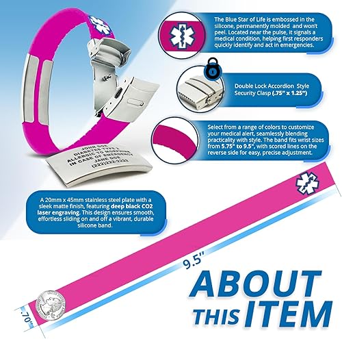 Vista 4 de Pulsera deportiva de silicona Medical Alert ID (incl. 5 líneas de grabado) ¡Elige tu color! -, Rosado, 1