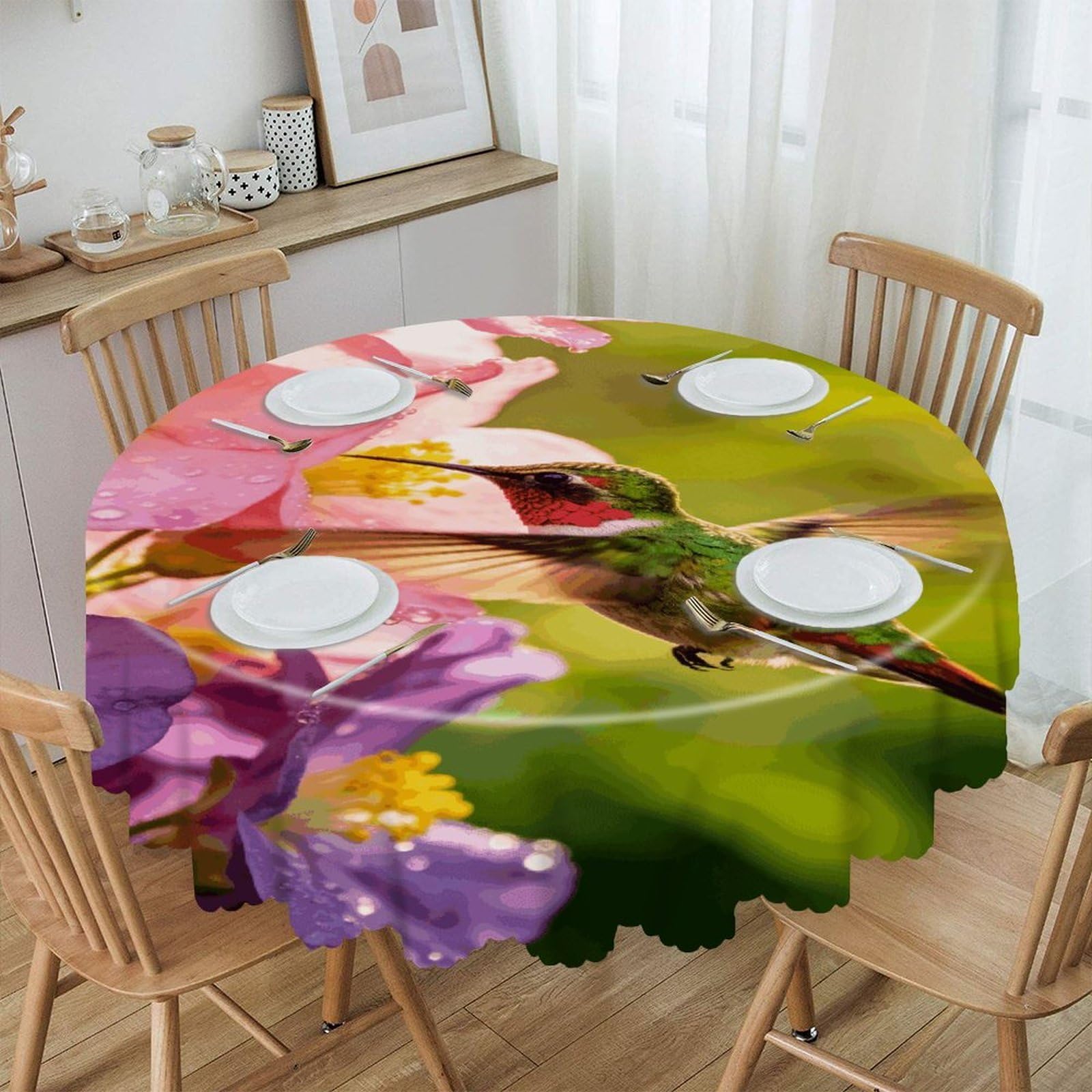 Khauerbc Style Flower Hummingbird Round Tablecloths,Spill Proof,Polyester Fabric Washable Table Cloth Cover For Dining Wedding And Outdoor,Soft Toching And Easy Clean