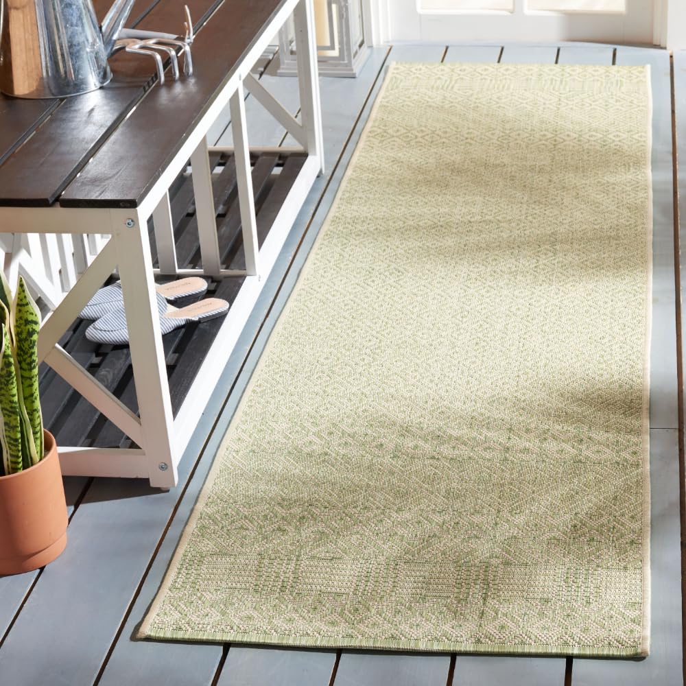 SAFAVIEH Washable Rug Outdoor Courtyard Collection - 2'3" x 6'7" Runner, Beige & Green, Non-Shedding & Easy Cleaning, Ideal for Patio, Entryway,