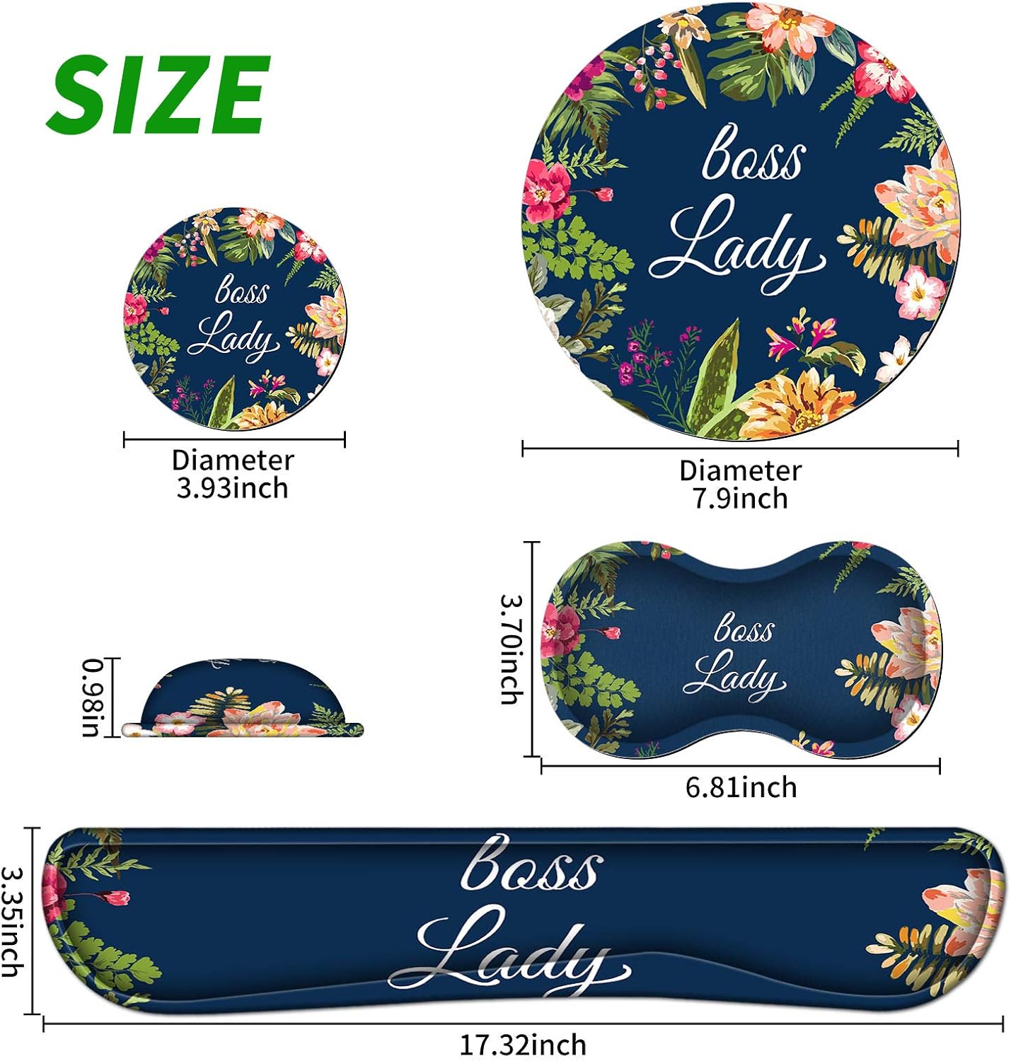 Ergonomic Keyboard Wrist Rests Gel Memory Foam Mouse Pad with Round Mousepad + Coasters, Wrist Support Set with Non Slip Base for Gaming Office Laptop Easy Typing & Pain Relief, Floral Boss Lady