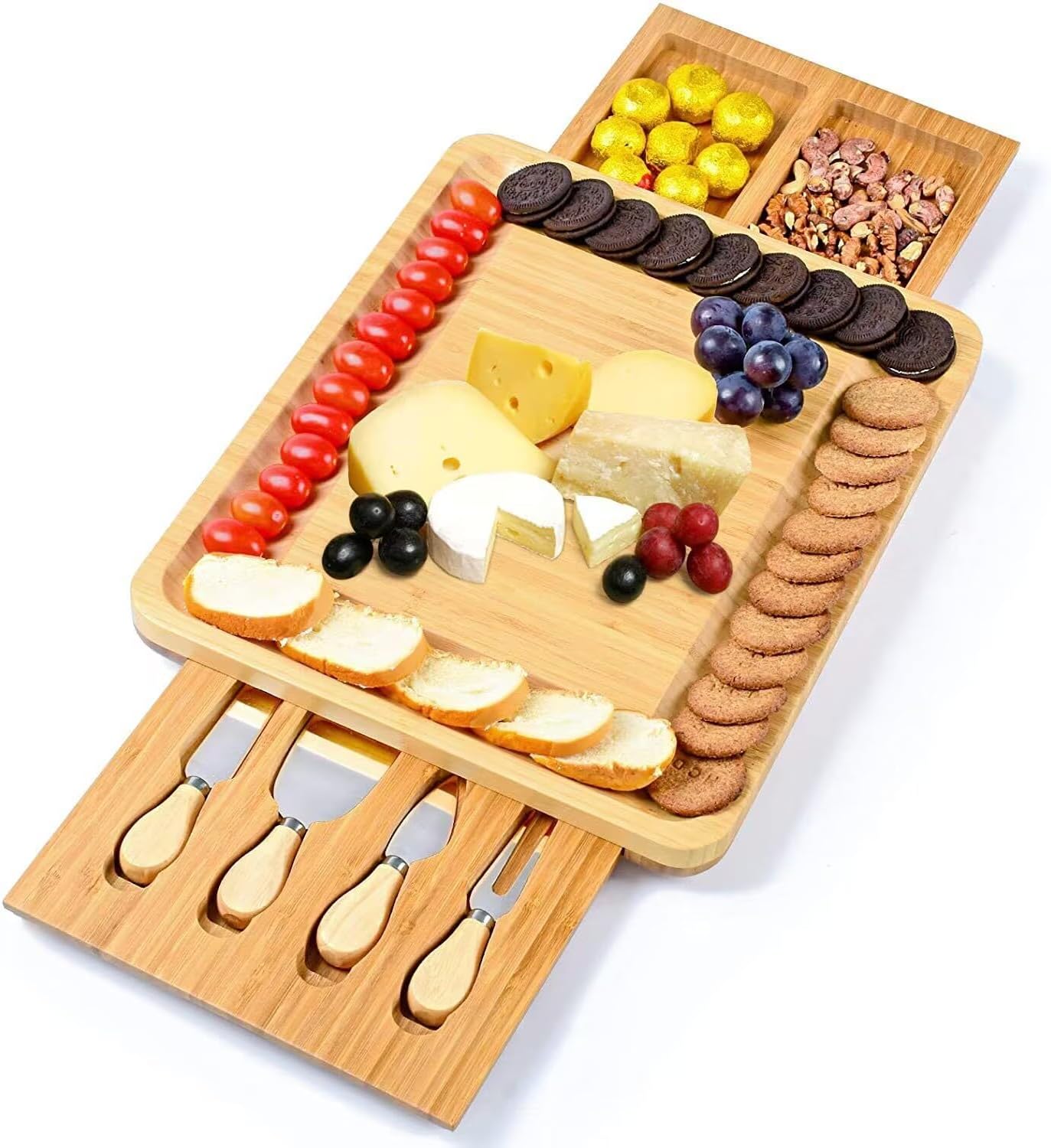 Kitchen Premium Bamboo Cheese Board Set - Extra Thick Bamboo Charcuterie Board Set with 4 Piece Knife Set - Wooden Cheese Board is Perfect for Charcuterie, Wine and Cheese (Deluxe Set) (Rectangle)