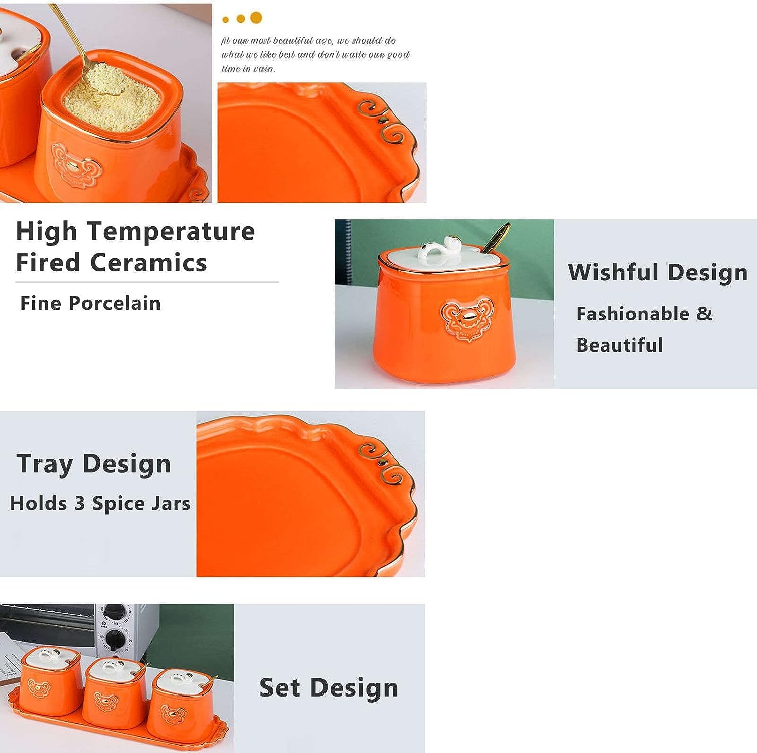 Pots à Épices Assaisonnement Box Set Coffret D'assaisonnement En Céramique Nordique, Avec Couvercle De Cuillère Et Plateau, Ensemble De Pots À Épices, Organisateur De Condiments, Cuisine Pots à Sel Se