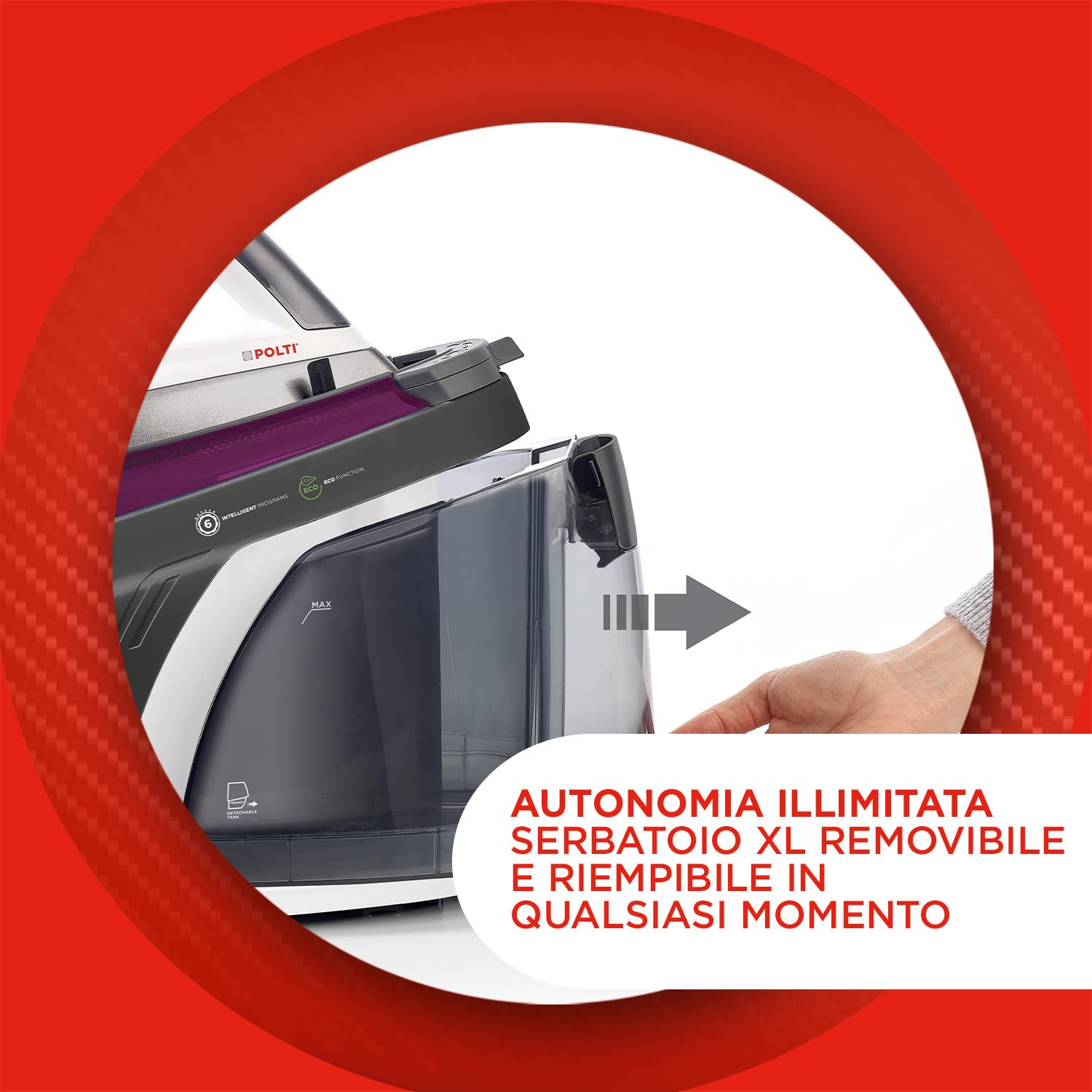 Polti La Vaporella XT125C, Ferro da Stiro a Vapore con Caldaia | Pressione 8 Bar, Autonomia Illimitata, Potenza 2630 W, Funzione ECO, Serbatoio 1,5 l, Colpo di Vapore 600 g, Nero e Viola