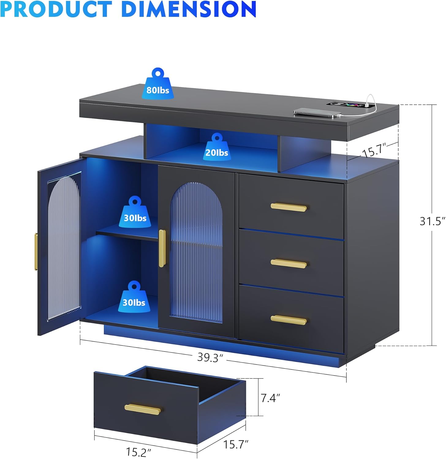 LED Buffet Cabinet with Wirelesss Charging Station 40", Modern Sideboard Table with RGB 24 Colors Dimmable, Coffee Bar Station with 3 Drawers
