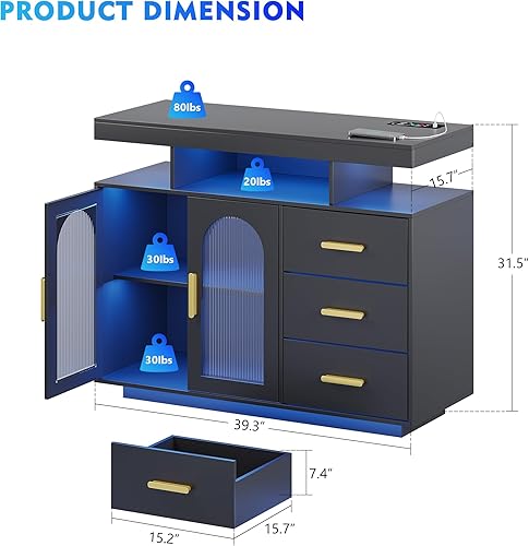 Miniatura 2 de Gabinete de buffet LED con estación de carga inalámbrica de 40 pulgadas, moderna mesa de aparador con RGB 24 colores regulables, estación de barra