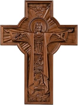 BGCOPPER Handmade Crucifix Wall Cross - Wooden Catholic Crucifix for Home Decor Christian Handicrafts Gift Jesus Wooden Cross 20Inch 20inch