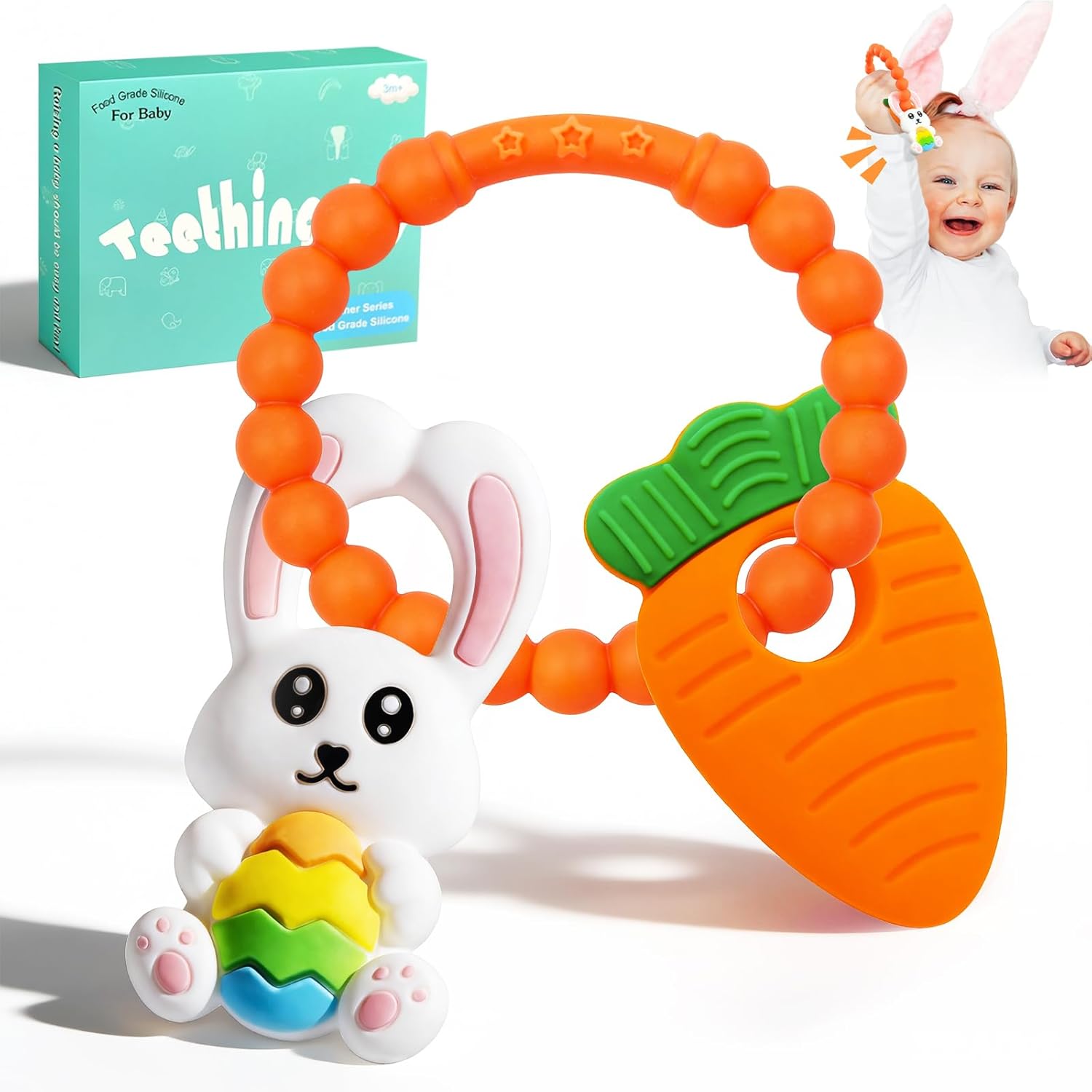 Teething Toys for Babies 3-6 Months, Tinabless Baby Easter Teether Silicone Chew Toys Easter Basket Stuffers for Baby 6-12 Months Infant Teething Toys Easter Gifts Boys Grils Bunny Carrot (Purple)