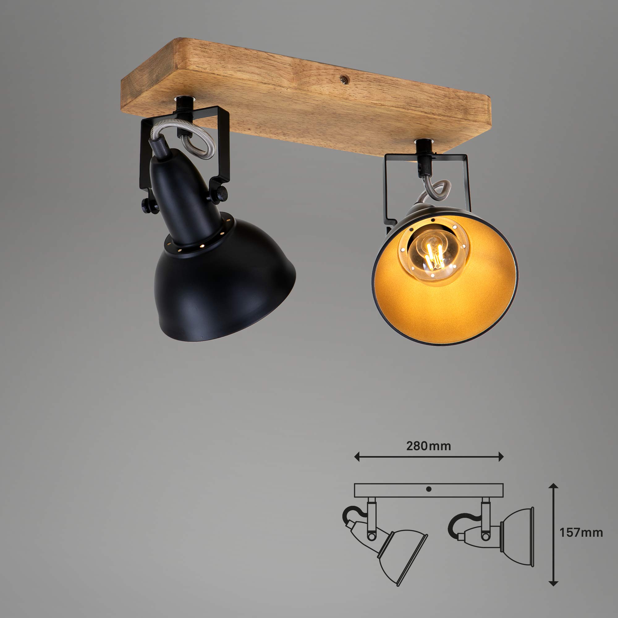 Briloner Leuchten - Luminaire à spots, spot plafonnier rétro, éclairage plafonnier vintage, spots pivotants et orientables, 2x E14, maximum 25 Watt, métal et bois, noir et doré, 280x110x157mm (LxlxH)