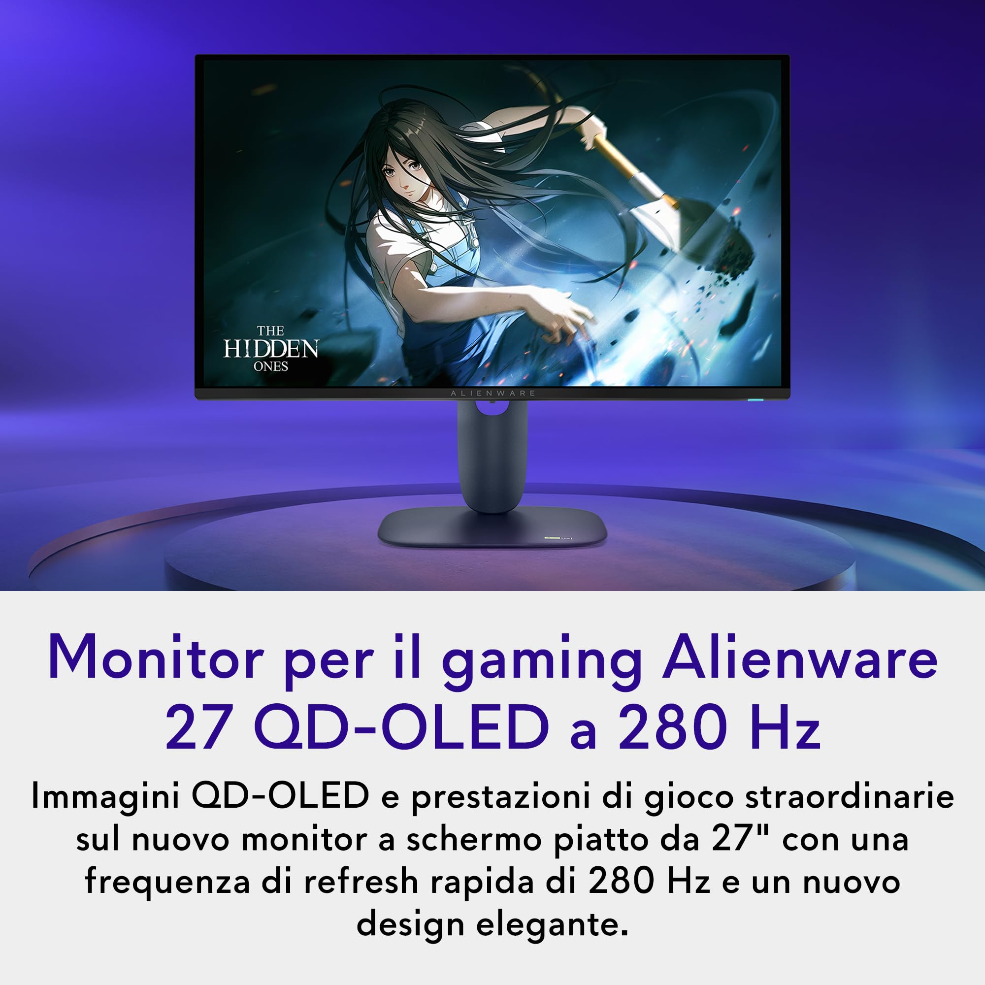 Alienware 27 Monitor Gaming - AW2725D, QHD (2560x1440), 280Hz, QD OLED, 0.03ms, NVIDIA G-SYNC Compatible, AMD FreeSync Premium Pro, HDR True Black 400, USB-C, DisplayPort, 2 HDMI, 3 Anni di Garanzia