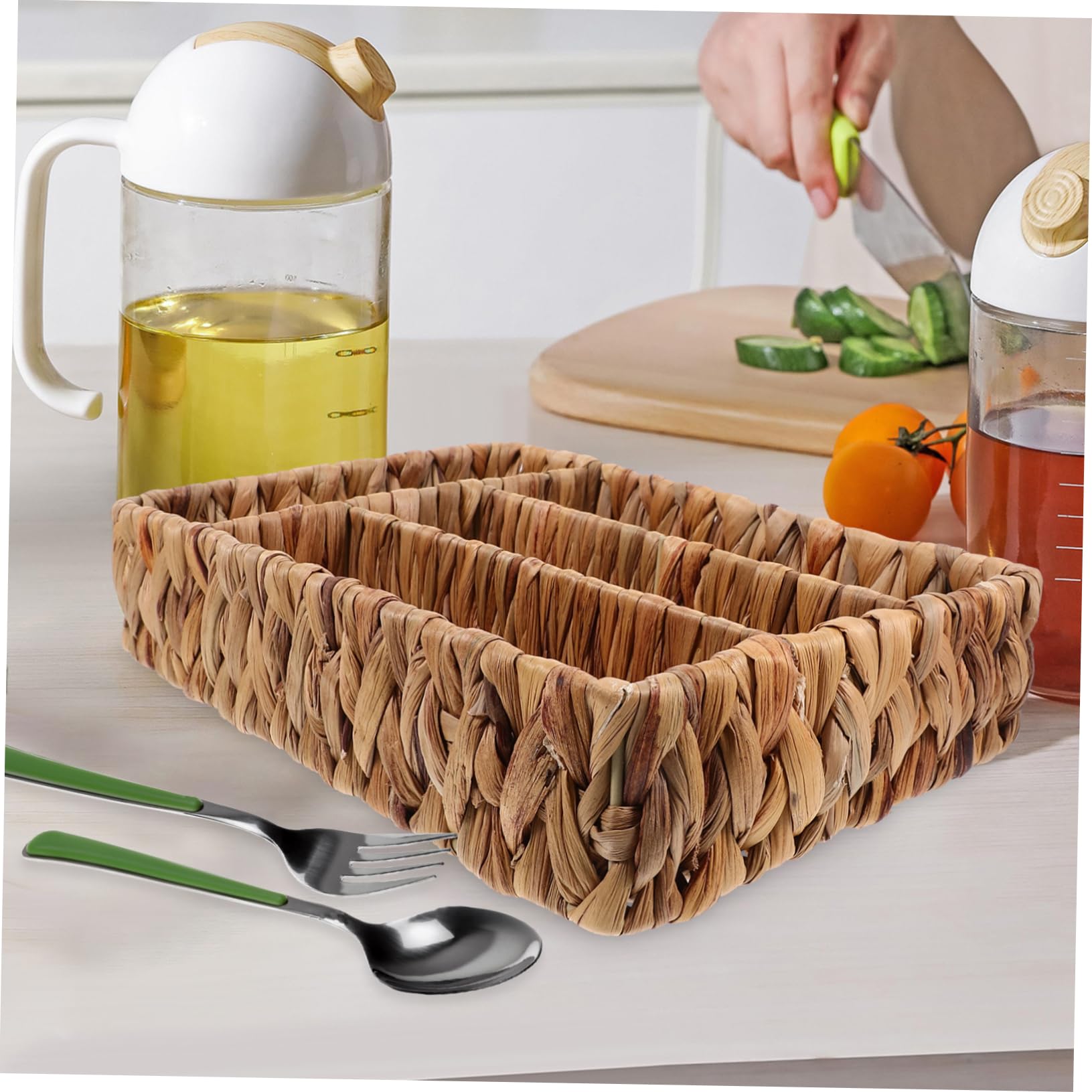 Cabilock Cesta De Almacenamiento De Paja Tejida Para Vajilla Organizador De Cubiertos Para Cocina Bandeja Para Utensilios Cocina