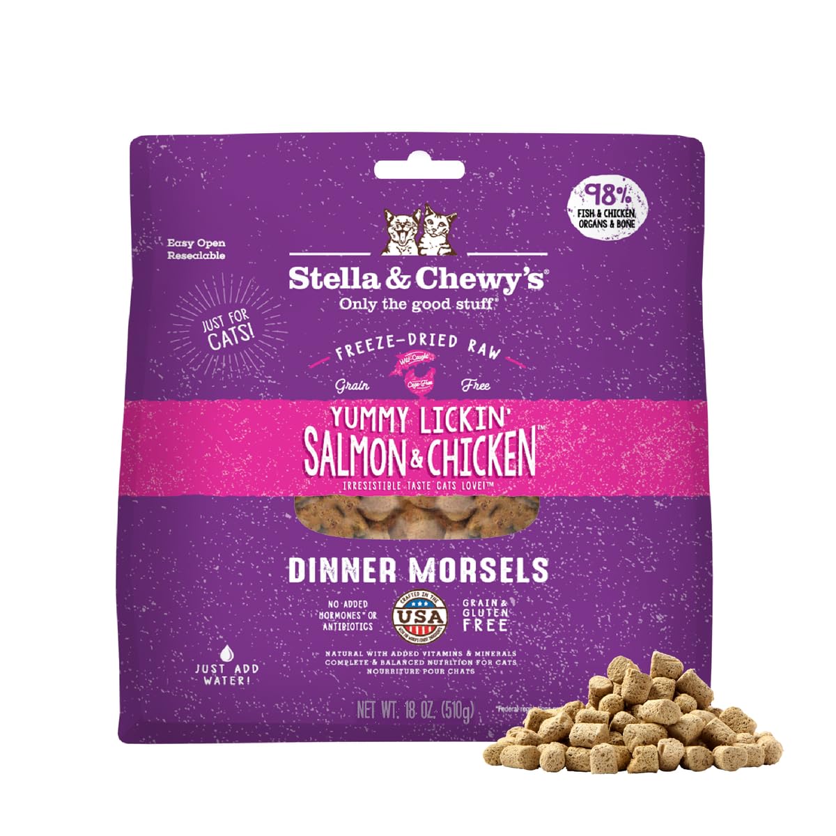 Stella & Chewy's Freeze-Dried Raw Cat Dinner Morsels - Premium Salmon & Chicken Recipe with 98% Wild-Caught & Cage-Free Protein - Natural Grain-Free Cat & Kitten Food - Made in USA - 18 oz