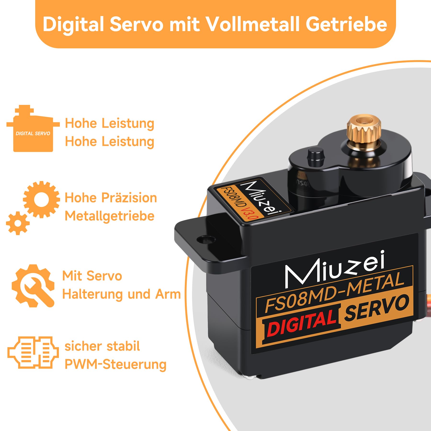 Miuzei Micro Digitale Servomotore 12g 180° Metallo Rame Ingranaggi per Arduino SCX24 AX24 Robotico Braccio Auto 1/24 con Servomotore Cavo, Corno e Supporto Accessori (Neri 2 Pezzi)