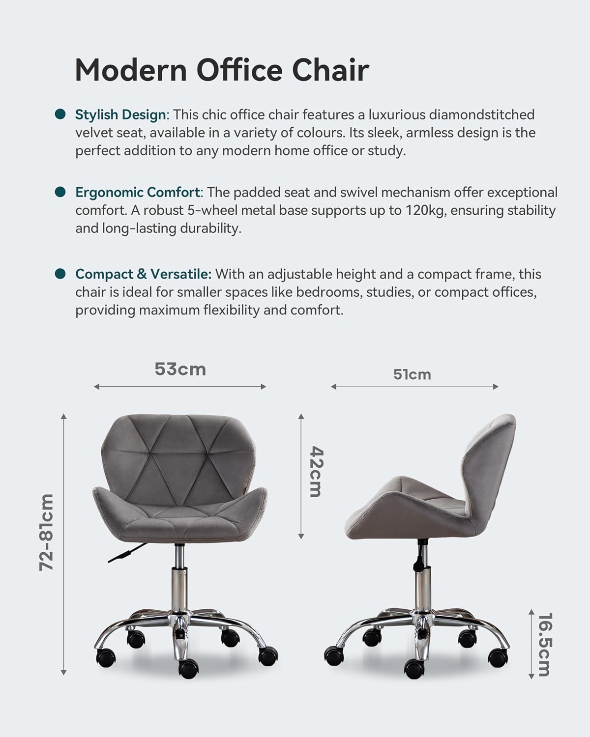 HNNHOME Modern Eris Padded Swivel Fabric Home Office Desk Computer Chair, Height Adjustable (Grey, Velvet) - Image 3