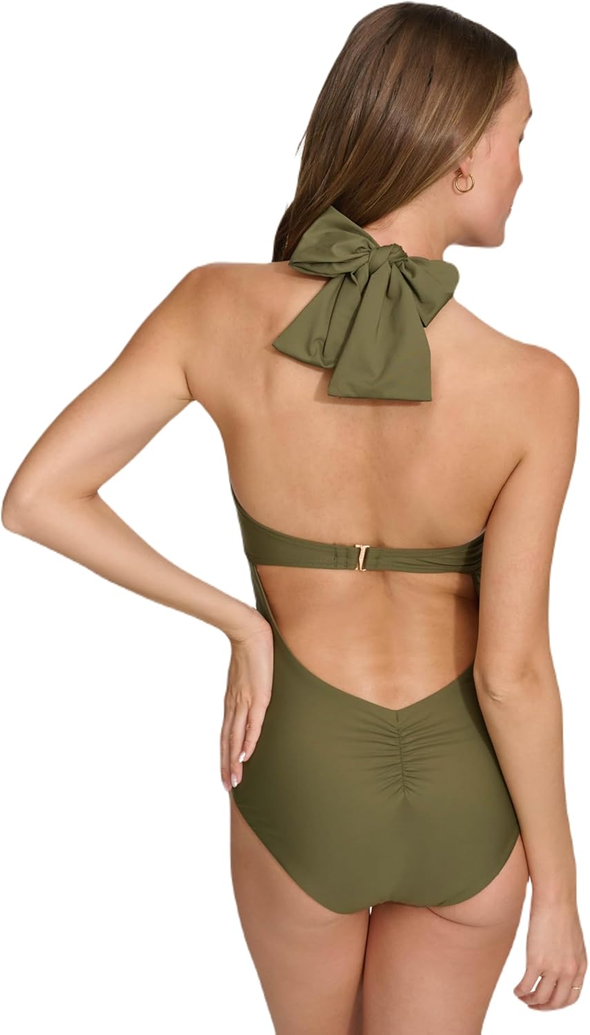 DKNY Womens Ring Halter Neck One Piece Swimsuit with Tummy Control - Image 3