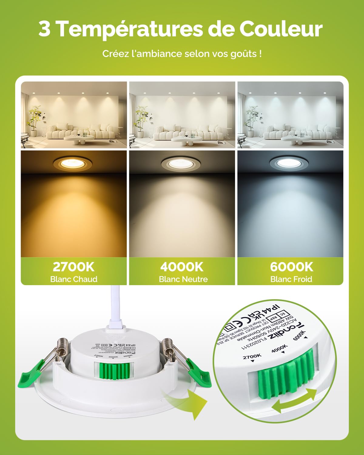 Fondiiz Spot LED Encastrable Orientable, 5W 480LM Spots de Plafond Encastré Blanc Chaud 2700K Blanc Neutre 4000K Blanc Froid 6000K Réglable, IP44 Spot pour Salle de Bain Salon, Trou Ø70-80mm, Lot de 6