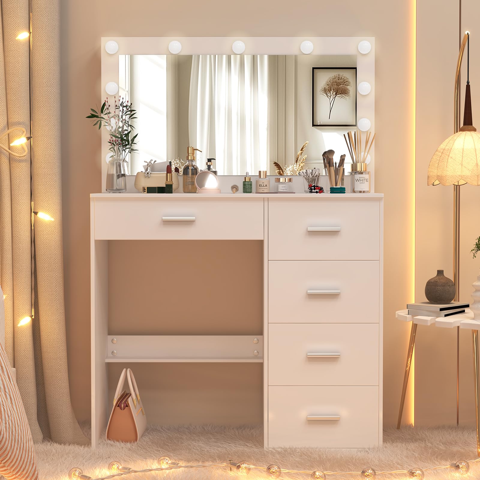 Koestem Vanity Desk with Large Mirror and Lights, White Makeup